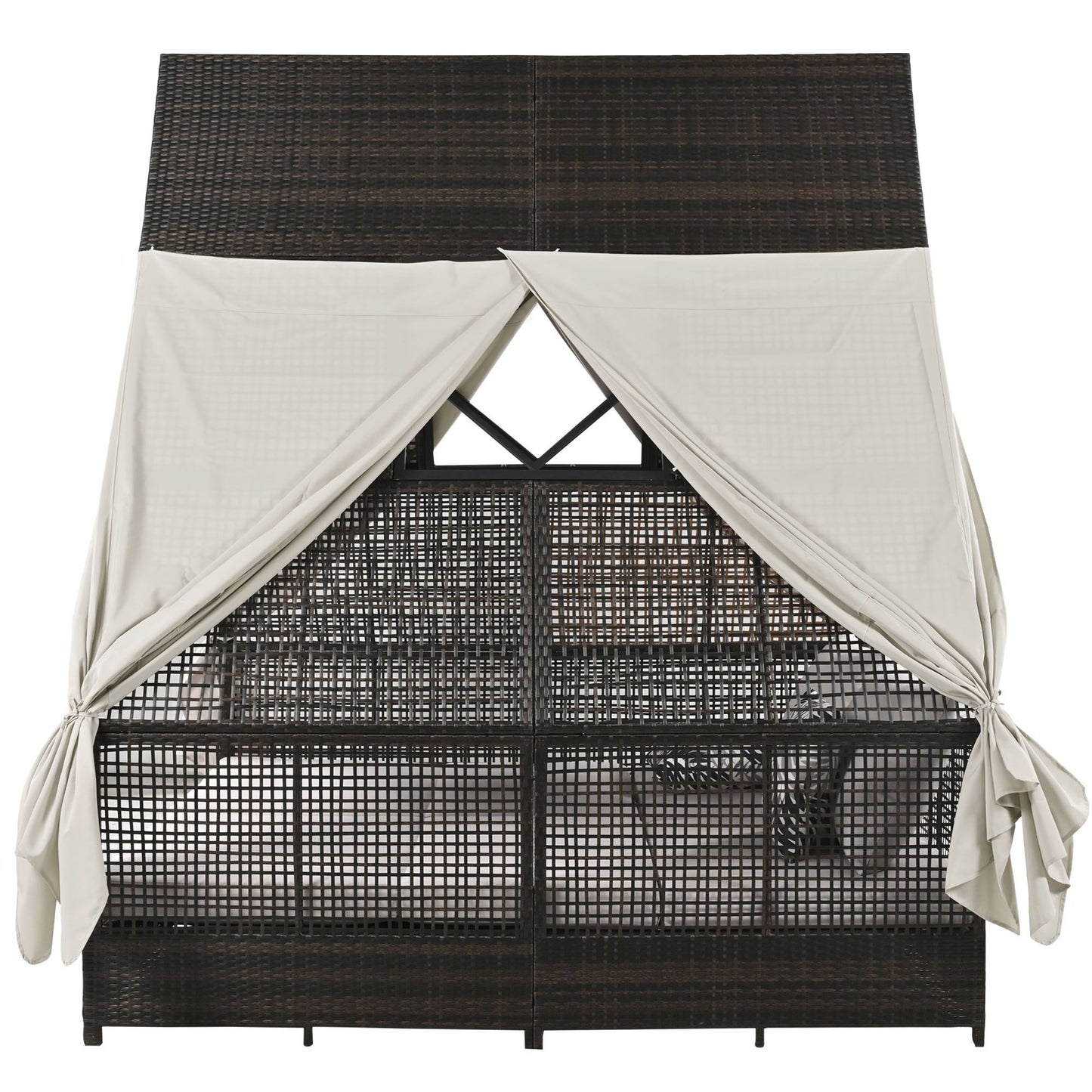 Outdoor Daybed Patio Lounge Bed With Adjustable Backrest Double Sun Lounger With Curtains, 4 Pillows For Garden Patio Poolside Balcony Beach - Beige
