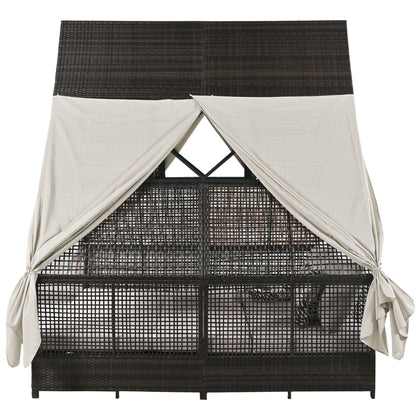 Outdoor Daybed Patio Lounge Bed With Adjustable Backrest Double Sun Lounger With Curtains, 4 Pillows For Garden Patio Poolside Balcony Beach - Beige