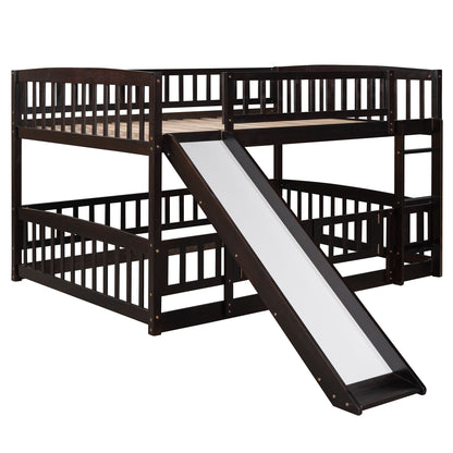 Full Over Full Low Bunk Bed With Slide, Fence And Ladder For Toddler - Espresso