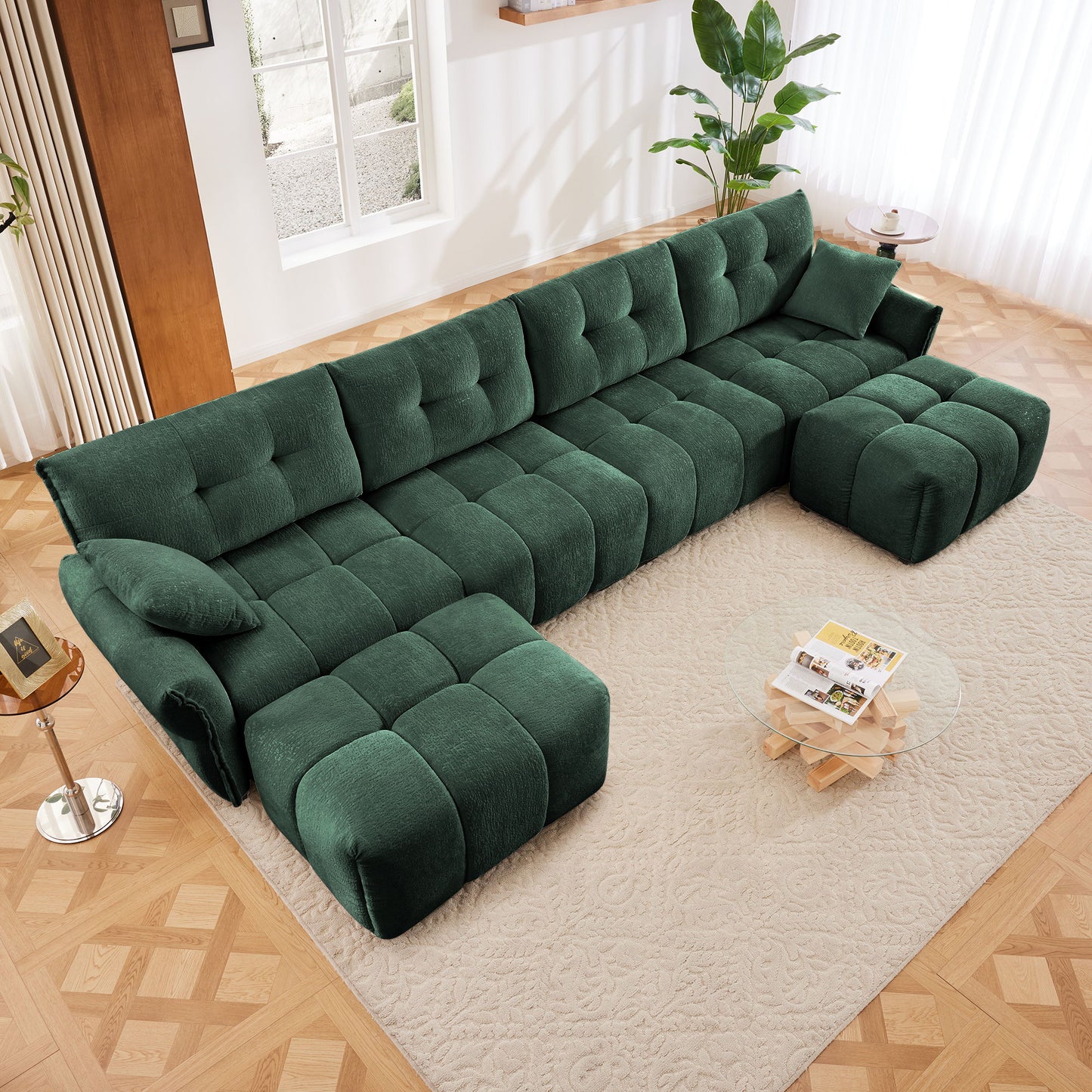Modern Style 4 Seater Sofa Set With 2 Ottomans Frame - Premium Green