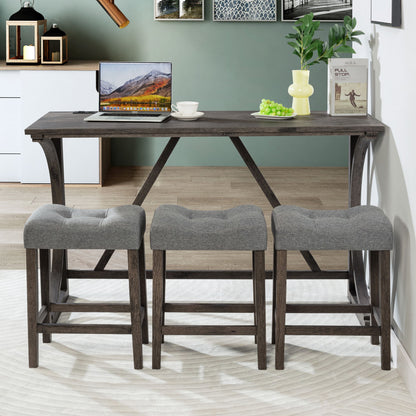 4 Piece Bar Table Set With Power Outlet, Dining Bar Table And Chairs Set, Bar Table Set With 3 Padded Stools For Living Room, Dining Room, Game Room - Dark Gray