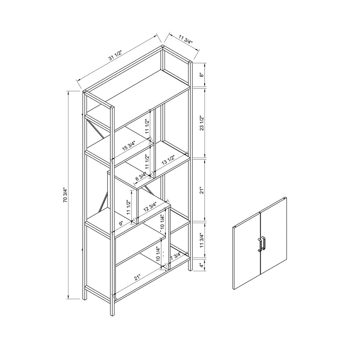Six Shelf Modern Bookcase With Two Door Storage Cabinet With Two Shelves - White / Black
