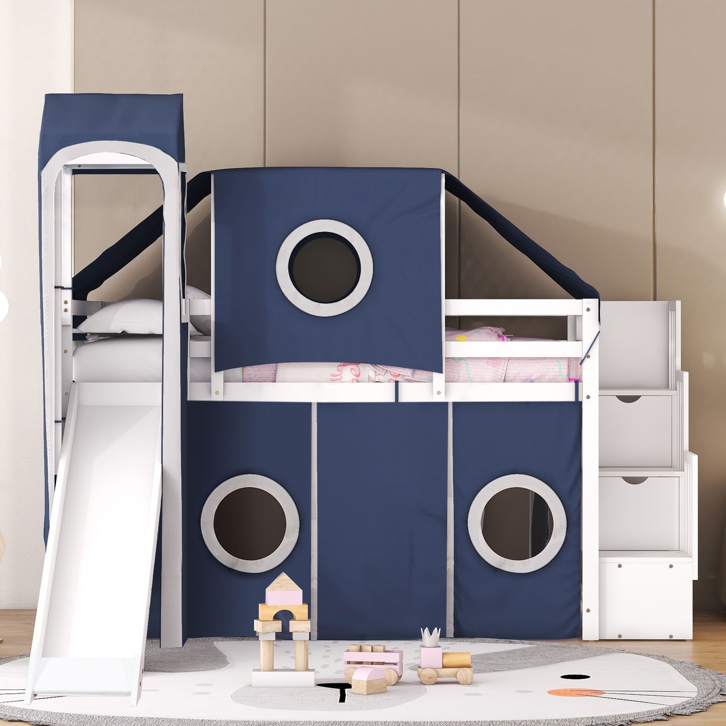 Twin Size Loft Bed With Tent And Tower - Blue