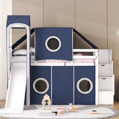 Twin Size Loft Bed With Tent And Tower - Blue