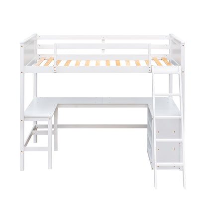Twin Size Loft Bed With Shelves With Desk - White