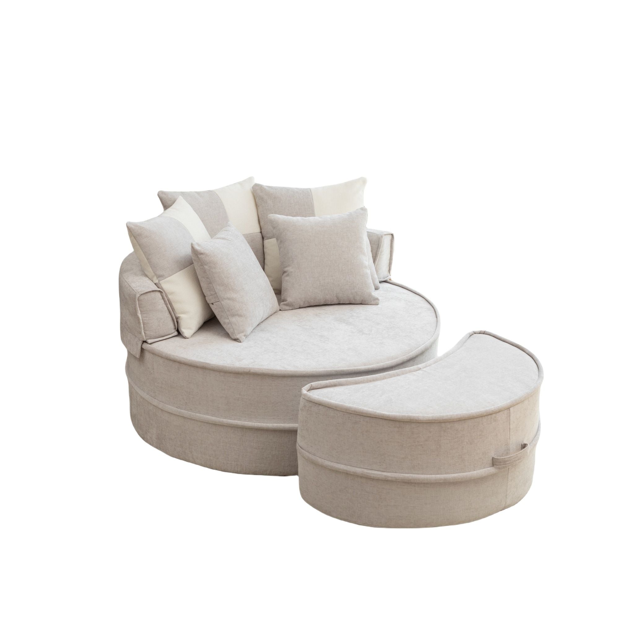 Modern Oversized Round Barrel Accent Chair With Ottoman - Velvet Upholstered Lounge Armchair With 5 Pillows For Living Room Or Bedroom - Gray
