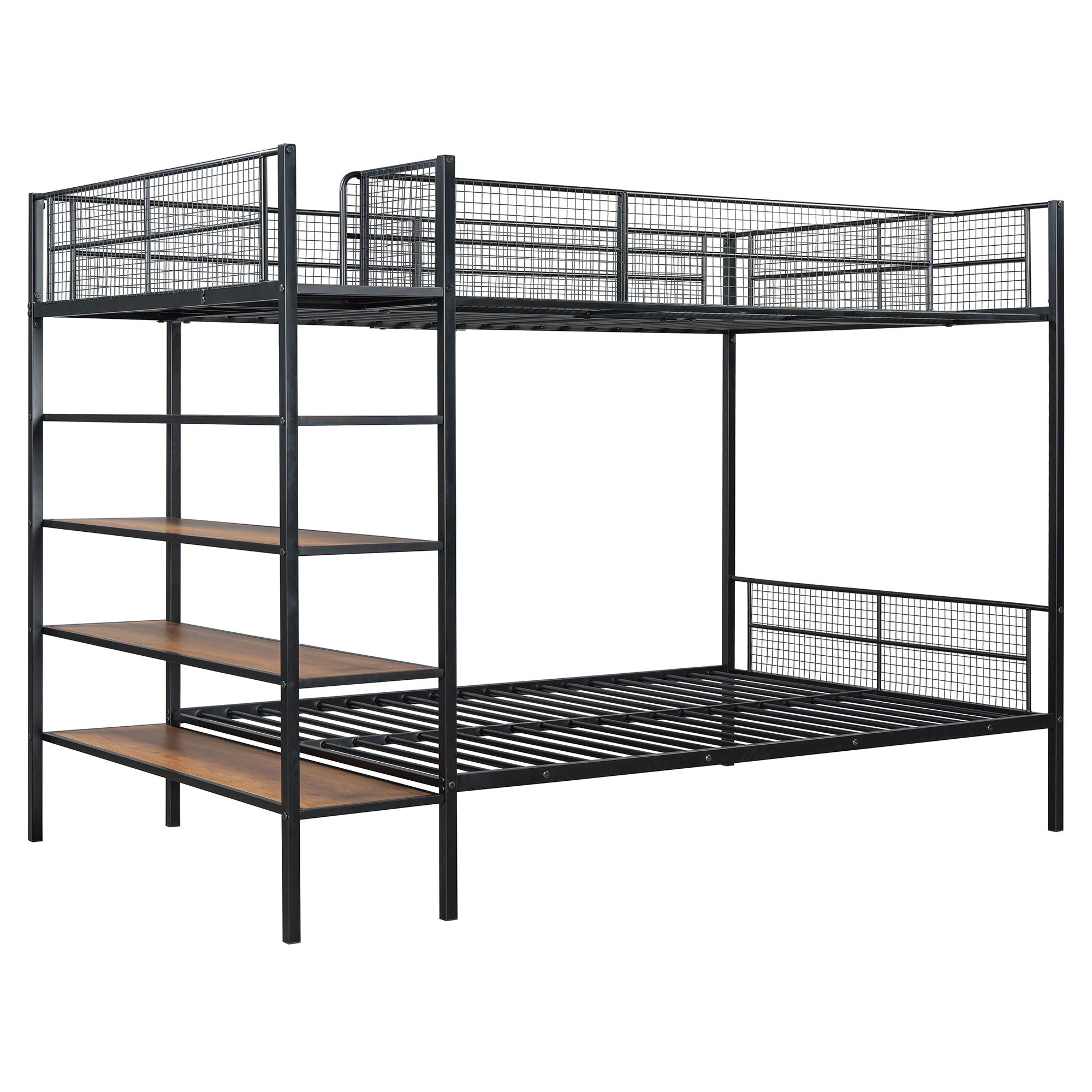 Twin Over Full Bunk Bed With 5 Tier Shelves - Black