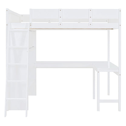 Full Size Loft Bed With Desk And Storage Shelves - White