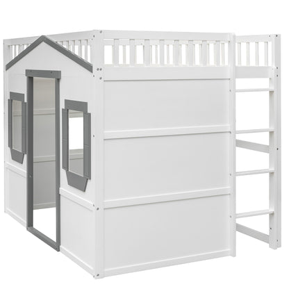 Full Size House Loft Bed With Ladder - White / Gray