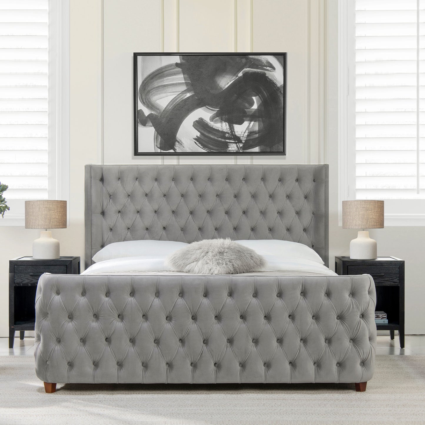 Brooklyn - King Tufted Panel Bed Headboard And Footboard Set - Opal Gray