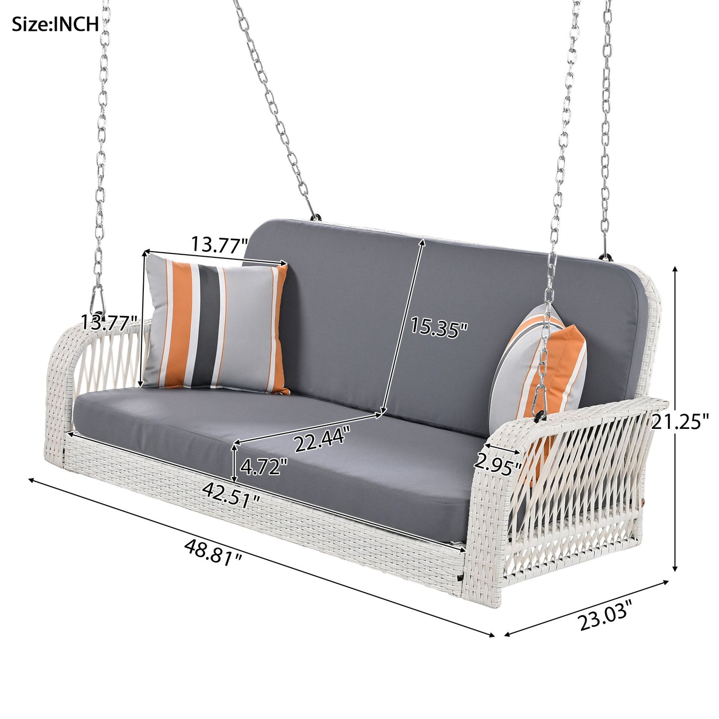 PE Wicker Porch Swing, 2 Seater Hanging Bench With Chains, Patio Furniture Swing For Backyard Garden Poolside - White / Gray