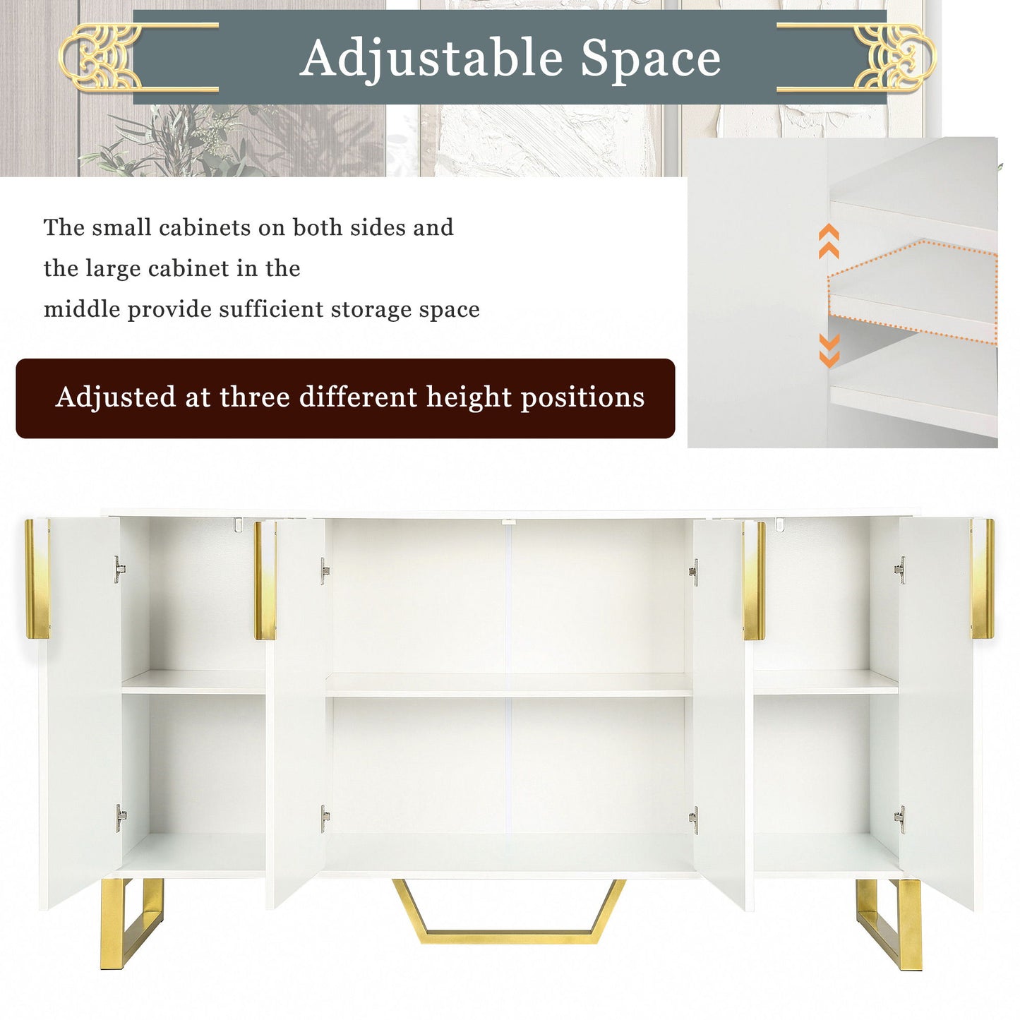 Modern Sideboard With Four Doors, Metal Handles & Legs And Adjustable Shelves Kitchen Cabinet - White