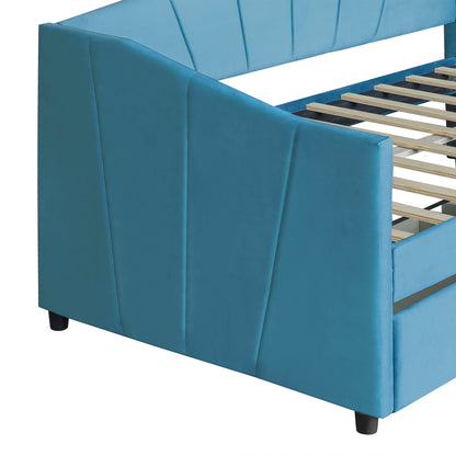 Twin Size Upholstered Daybed With Two Drawers And Slat - Blue