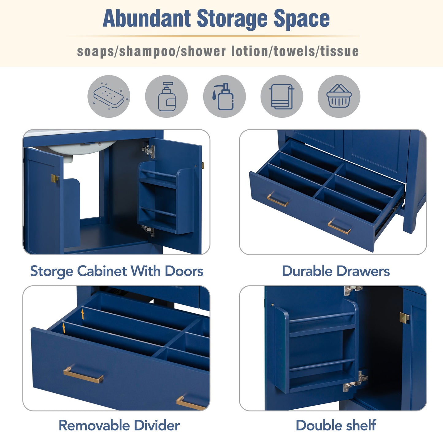 Bathroom Vanity With Single Sink, Combo Cabinet Undermount Sink, Bathroom Storage Cabinet With 2 Doors And A Drawer, Soft Closing, Multifunctional Storage, Solid Wood Frame - Blue