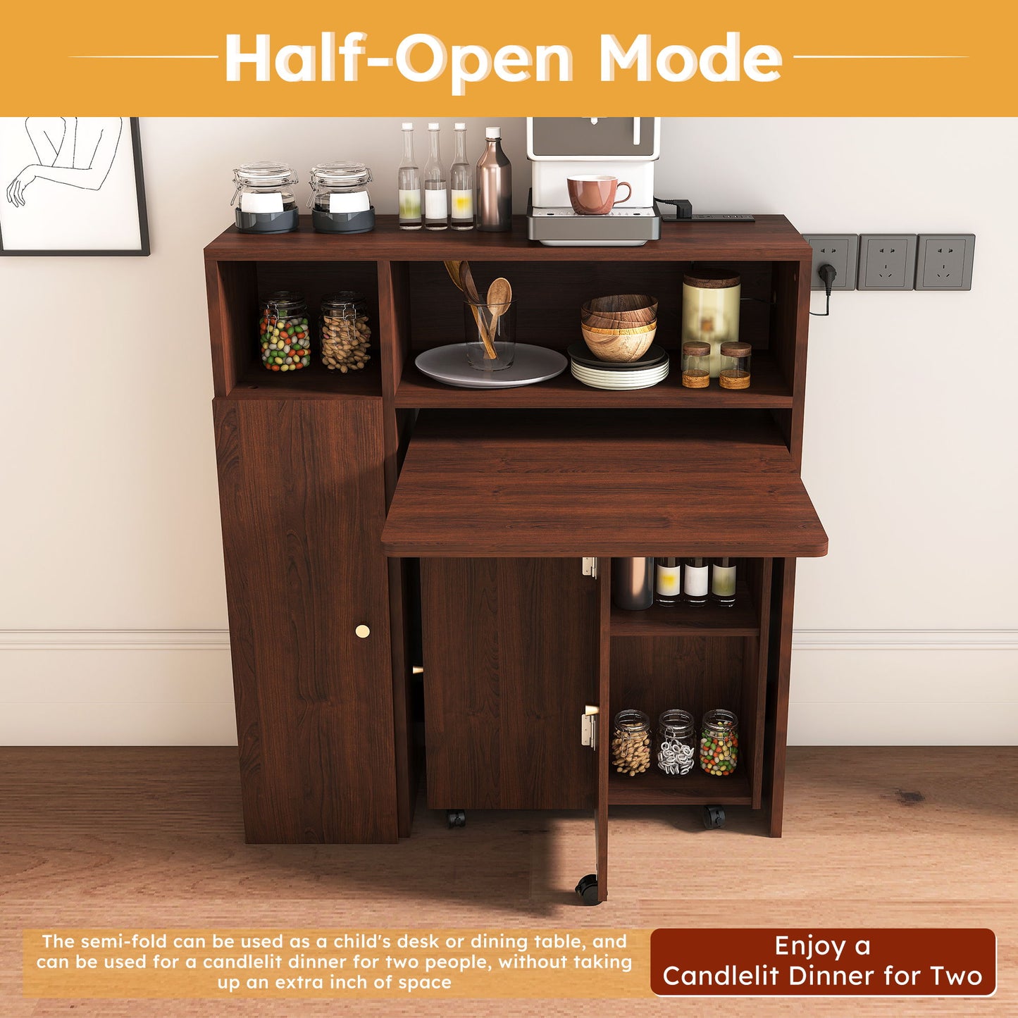 Multifunctional Folding Dining Table With Wall Mounted Sideboard & Storage - Walnut