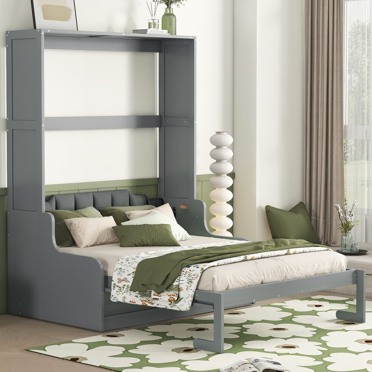 Queen Size Murphy Wall Bed With Cushion, Space Saving - Gray
