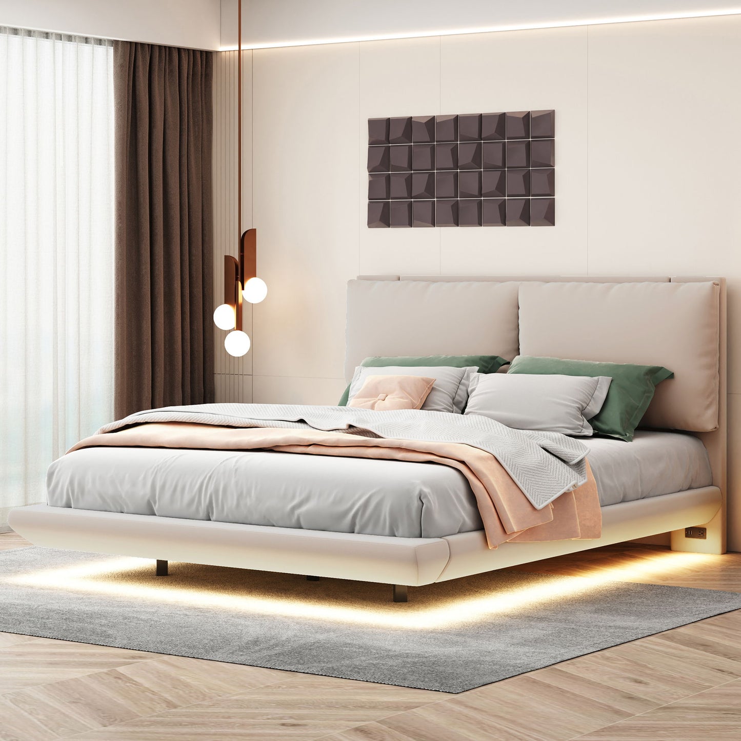 Queen Size Upholstered Platform Bed With Sensor Light And 2 Large Backrests, With 2 Sets Of USB Port And Socket On Each Rear Bed Leg - Beige