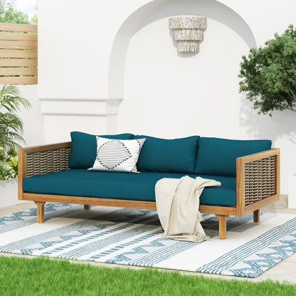 Claremont - 3 Seater Daybed With Rattan Arms And Cushions, Acacia Wood Frame - Teak / Teal
