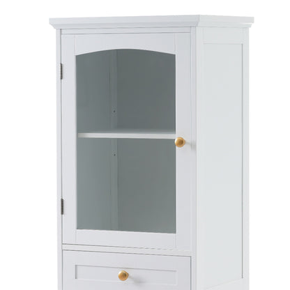 Tall Bathroom Storage Cabinet With Glass Doors, Free-Standing, Two Drawers, And Adjustable Shelves, MDF Board, Painted Perfect For Displaying Your Favorite Items - White