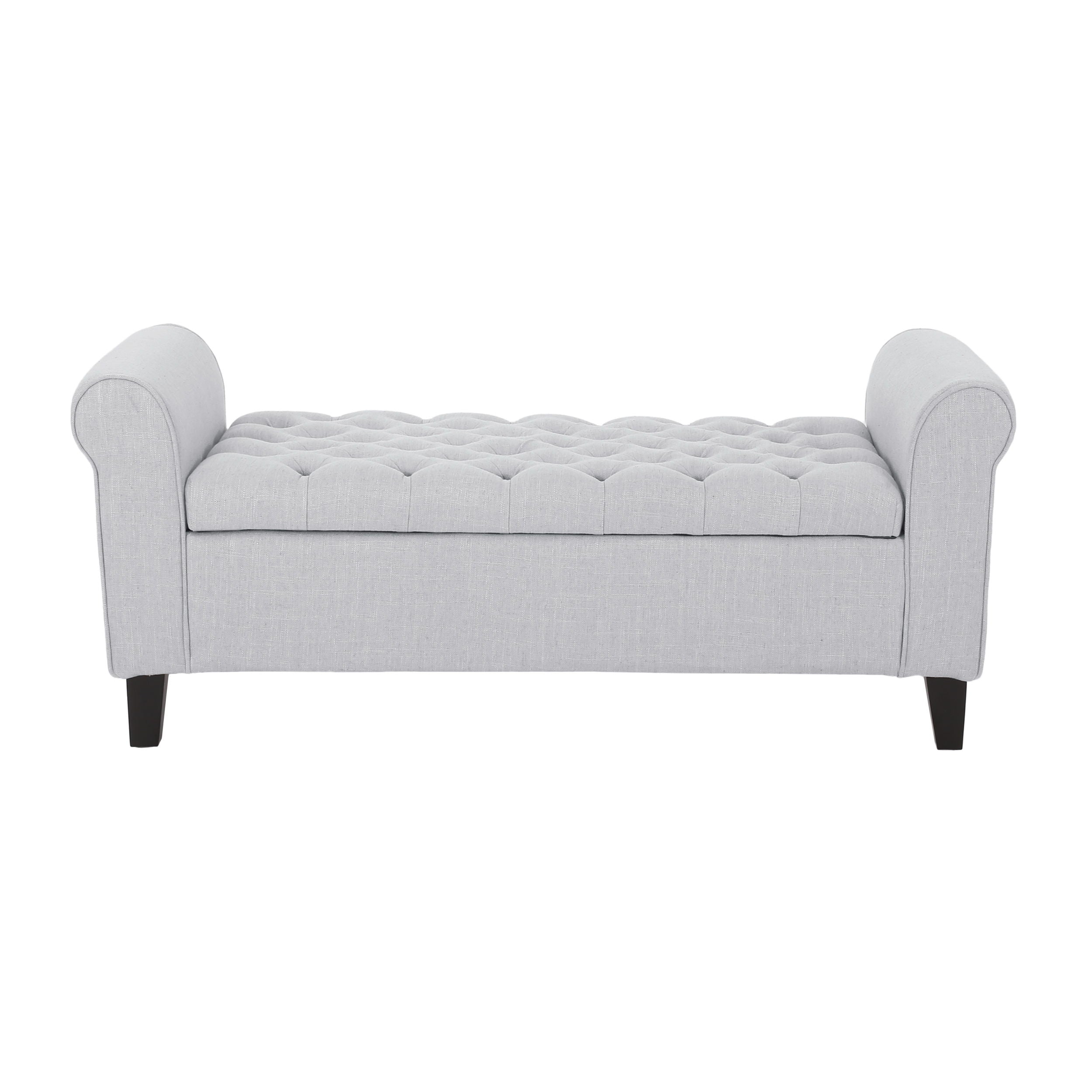 Hayes - Contemporary Armed Storage Bench With Button Tufting And Rolled Arms - Light Gray