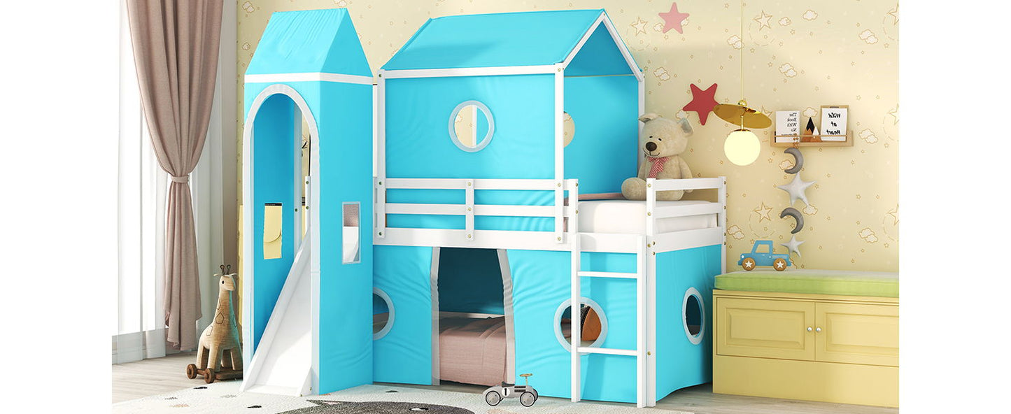 Twin Size Loft Bed With Slide Blue Tent And Tower - Blue