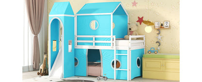 Twin Size Loft Bed With Slide Blue Tent And Tower - Blue