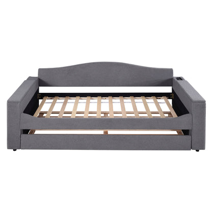 Twin Size Upholstered Daybed With Storage Armrests, Trundle And Latest Integrated Bluetooth Audio System - Gray