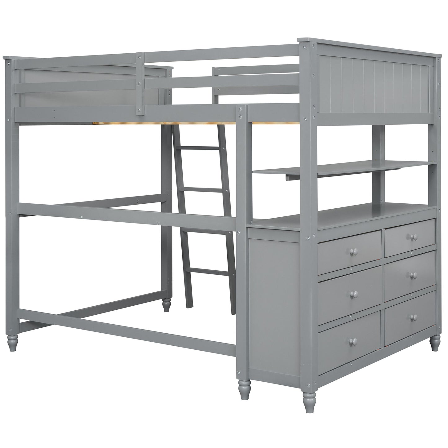 Full Size Loft Bed With Drawers And Desk With Shelves - Gray