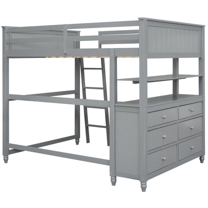 Full Size Loft Bed With Drawers And Desk With Shelves - Gray