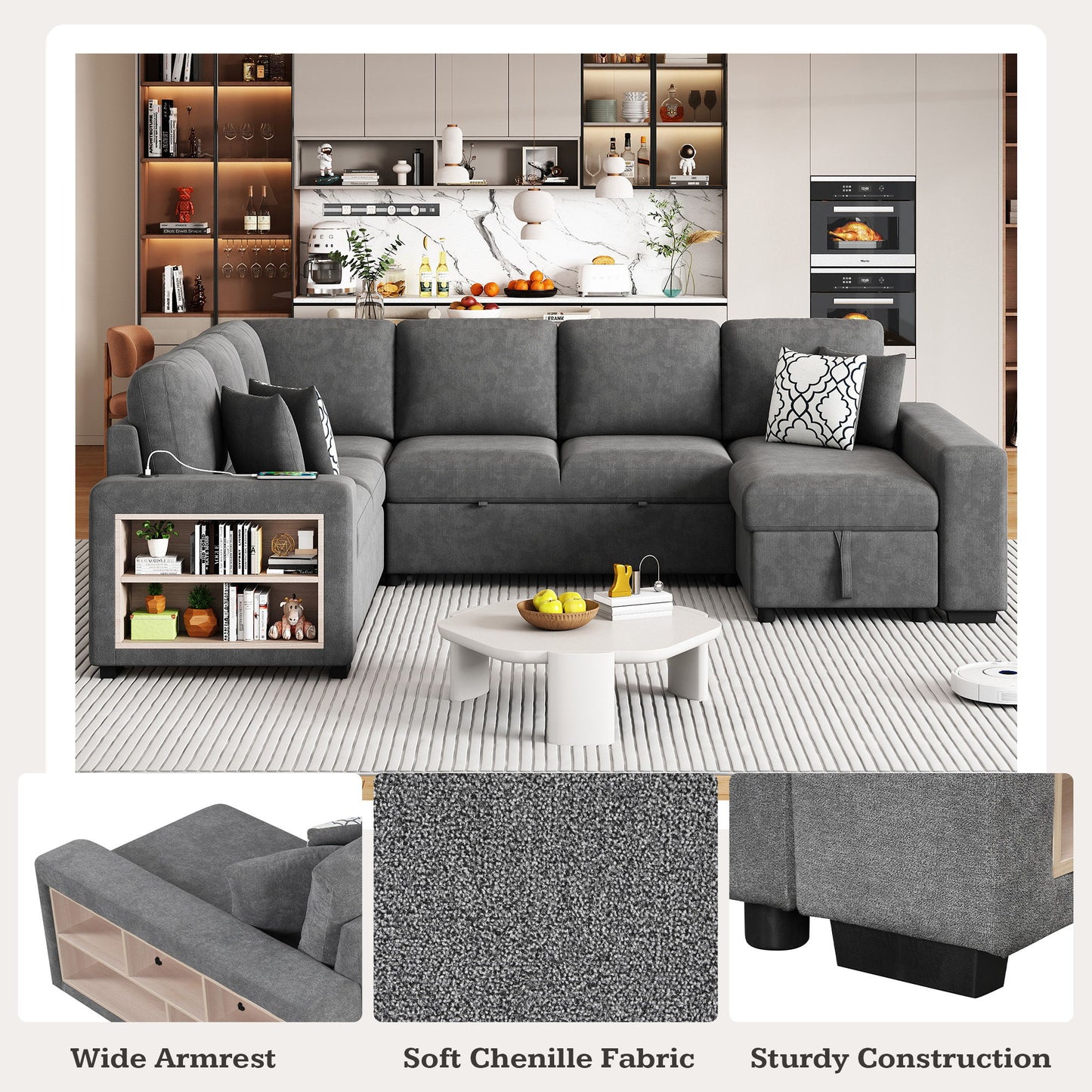 U-Shaped Sectional Sofa Pull-Out Sofa Bed With Two USB Ports, A Storage Chaise Lounge And Four Back Pillows For Living Room - Gray