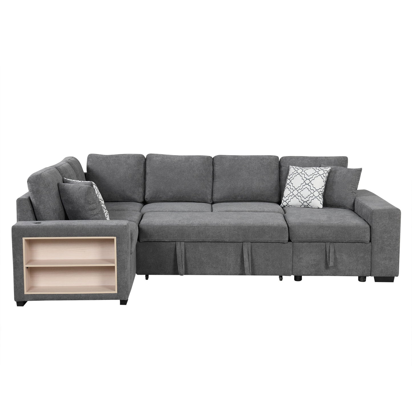 U-Shaped Sectional Sofa Pull-Out Sofa Bed With Two USB Ports, A Storage Chaise Lounge And Four Back Pillows For Living Room - Gray