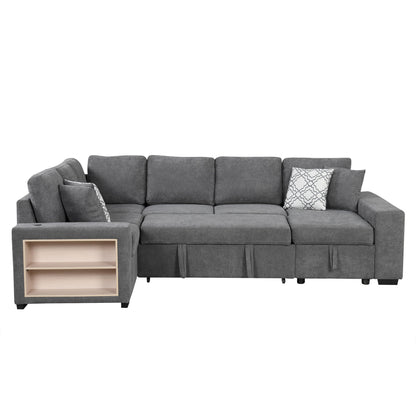 U-Shaped Sectional Sofa Pull-Out Sofa Bed With Two USB Ports, A Storage Chaise Lounge And Four Back Pillows For Living Room - Gray