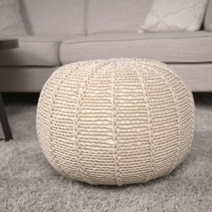 Bordeaux - Knitted Cotton Round Pouf, Versatile Ottoman And Floor Cushion - Beige