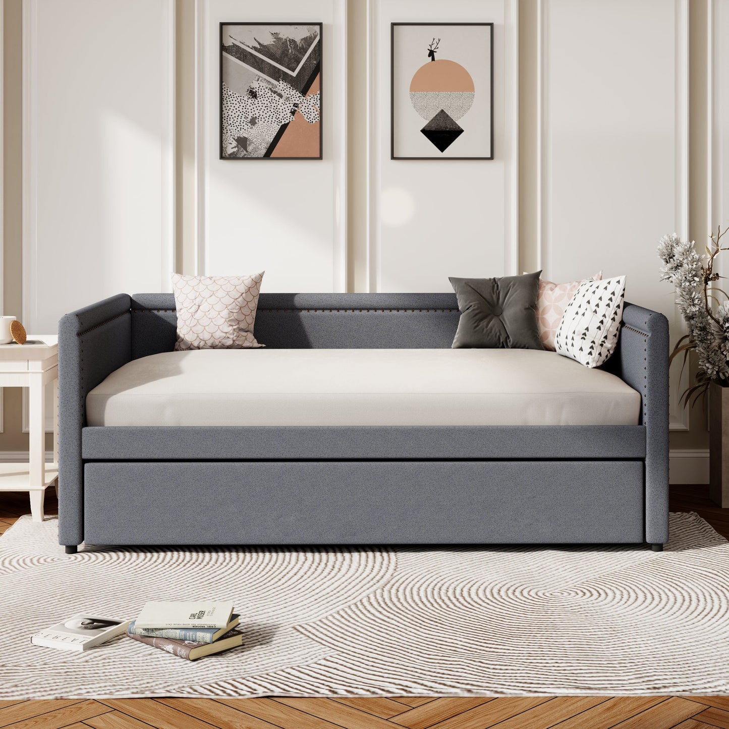Modern Style Twin Size Upholstered Daybed With Trundle For Guest Room, Small Bedroom, Study Room - Gray