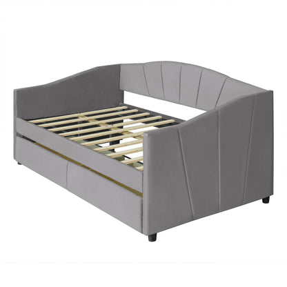 Twin Size Upholstered Daybed With Two Drawers And Slat - Gray