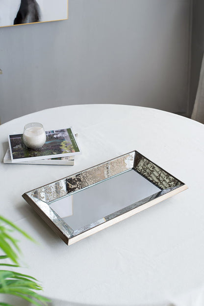Antique Rectangle Mirror With Floral Accents, Mirrored Display Tray, Wall Mirror - Silver