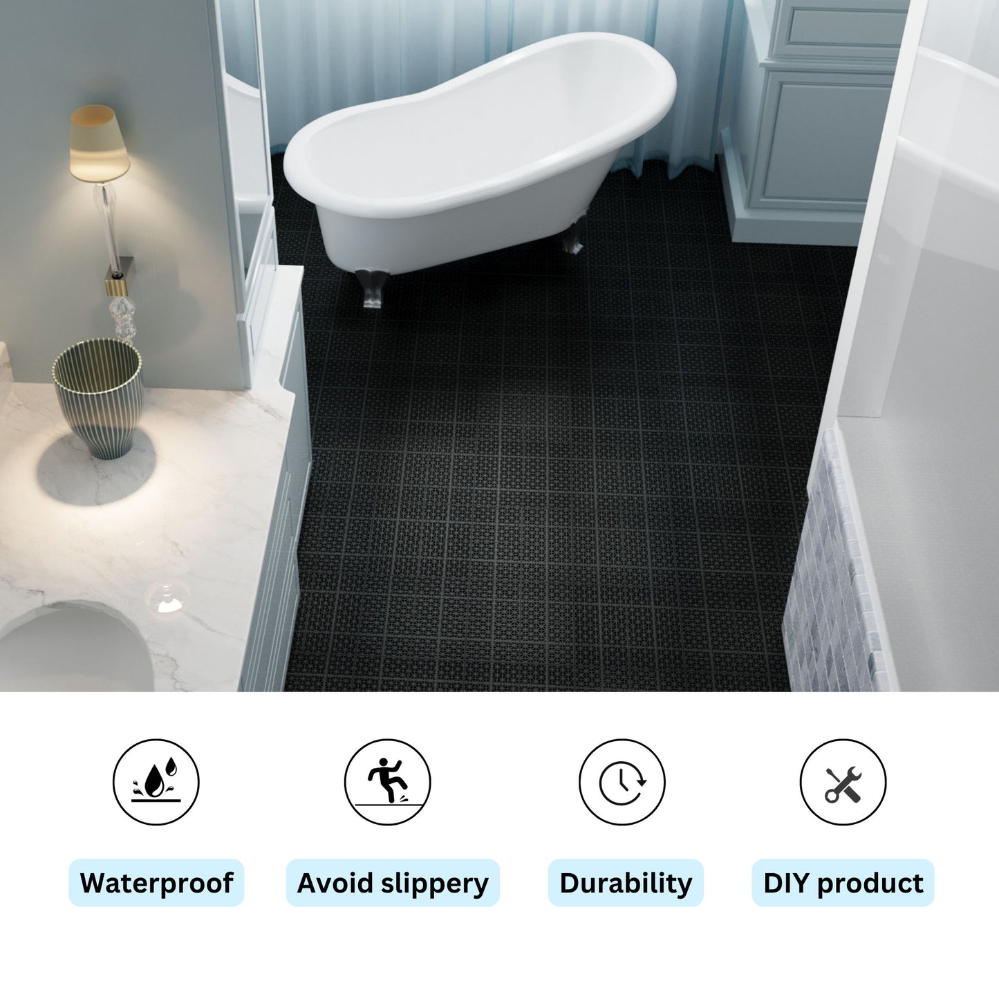Interlocking Deck Tiles Plastic Waterproof Outdoor All Weather Anti-Slip Bathroom Shower Balcony Porch Strong Weight Capacity Upto 6613 Lbs, Rosette Pattern Pack Of 12 - Black
