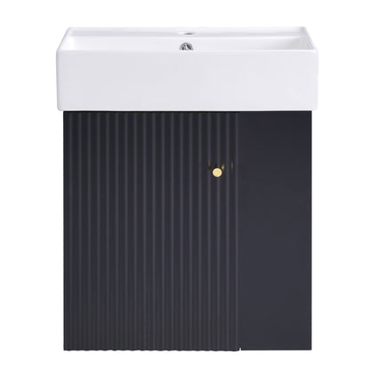 Modern Floating Bathroom Vanity With Ceramic Basin, Perfect For Small Bathrooms, Right Side Storage - Black