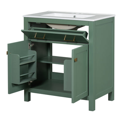 Bathroom Vanity With Ceramic Sink, Modern Single Bathroom Cabinet With 2 Doors And A Shelf, Soft Close Doors - Green