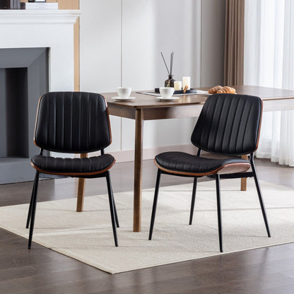 Dining Chairs Mid-Century Modern Retro Faux Leather Chair With Walnut Bentwood Back Upholstered Seat Metal Legs Adjustable Foot For Kitchen Dining Room Chairs (Set of 2) - Black