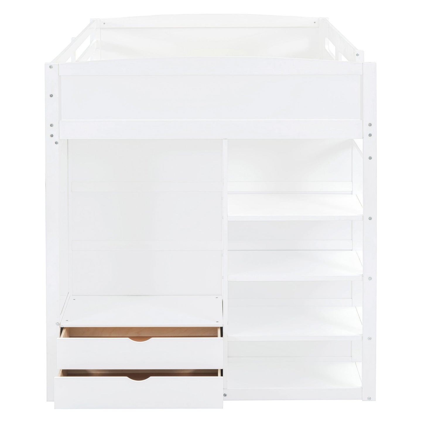 Full Size Loft Bed With Desk, Wardrobes, 4 Drawers And 4 Shelves - White