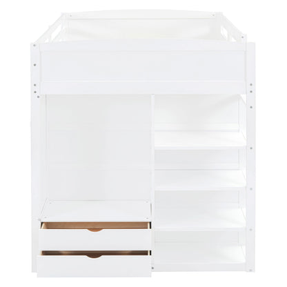 Full Size Loft Bed With Desk, Wardrobes, 4 Drawers And 4 Shelves - White