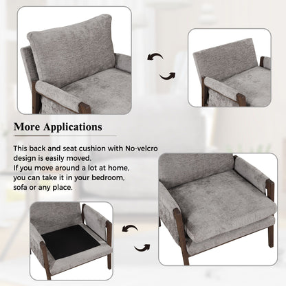 Mid-Century Modern Velvet Accent Chair, Leisure Chair With Solid Wood And Thick Seat Cushion For Living Room, Bedroom, Studio - Gray