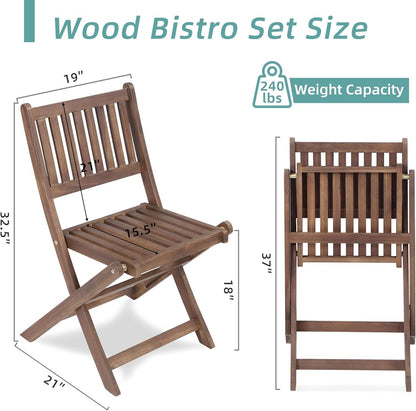3 Piece Acacia Bistro Set, Folding Patio Furniture For Garden Backyard Balcony Porch With 1 Coffee Table And 2 Foldable Chairs - Natural Stained