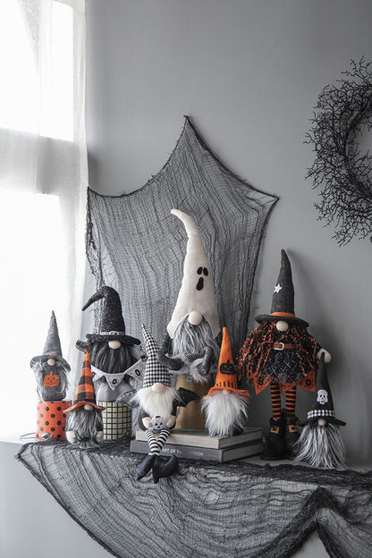 Sitting Gnome With Wings & Plaid Hat, For Halloween Decor - Black White