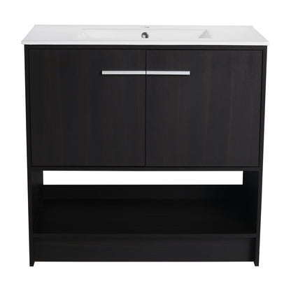 Modern 36" Bathroom Vanity With Ceramic Sink And Soft Closing Doors - Dark Oak