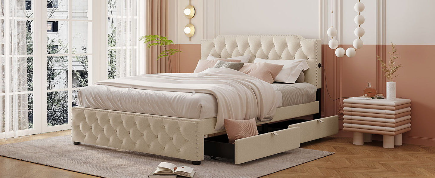 Queen Size Upholstered Platform Bed With 2 Drawers And 2 Sets Of USB Ports On Each Side - Beige