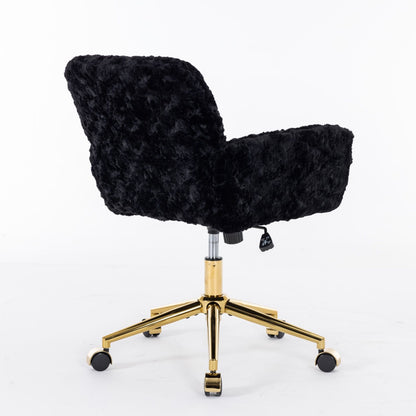 Office Chair, Artificial Rabbit Hair Home Office Chair With Golden Metal Base, Adjustable Desk Chair Swivel Office Chair, Vanity Chair - Black