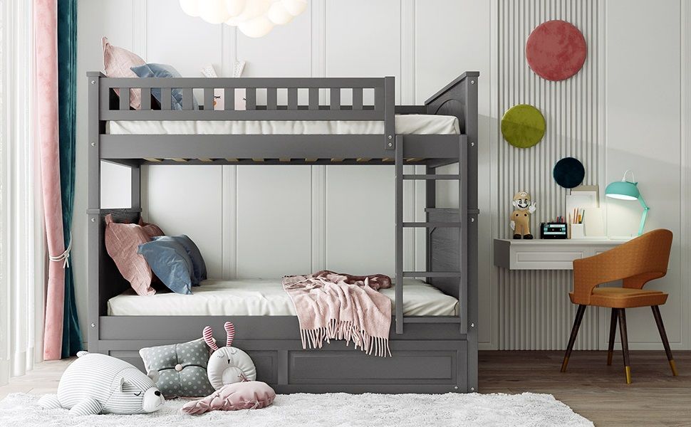 Full Over Full Bunk Bed With Twin Size Trundle, Guardrails - Brushed Gray