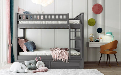 Full Over Full Bunk Bed With Twin Size Trundle, Guardrails - Brushed Gray